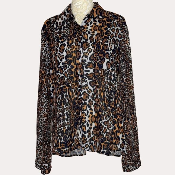 AK Urban Animal Print Button Front Blouse Top Chiffon 42 US L am - Picture 1 of 9